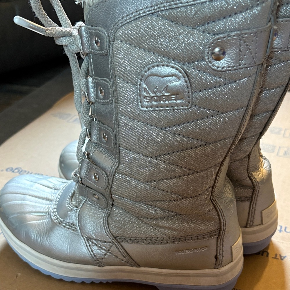Sorel Kids Metallic Silver Lace-Up Waterproof Winter Boots